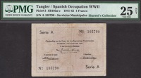 Tangier, Spanish Occupation WWII, 1 Franco, August 1941, serial number A 103790, repaired, in PMG holder 25 NET,...