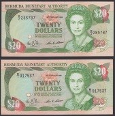 Bermuda Monetary Authority, $20, 20 February 1989, serial number B/1 917537 and B/2 285787, Mann and Simmons...