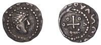 Early Anglo-Saxon Period, Sceatta, Primary series BI, type 27b, head right wearing double-diadem with large jewel,...
