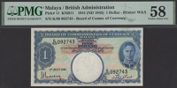 Board of Commissioners of Currency Malaya, $1, 1 July 1941, serial number K/69 092743, Weisberg signature, stains...