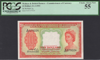 Board of Commissioners of Currency Malaya and British Borneo, $10, 21 March 1953, serial number A/65 079224, in PCGS...