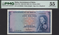 Government of Malta, £5, 1949 (ND 1961), serial number A/3 832636, Shepherd signature, in PMG holder 55, about...