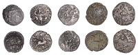 British Iron Age, DOBUNNI, Uninscribed issues, silver Units (5), Cotswold Crosses type, moon head right, nose and...