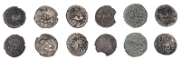 British Iron Age, DOBUNNI, Uninscribed issues, silver Units (6), Cotswold Crosses type, moon head right, nose and...