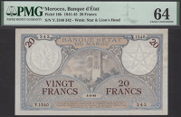 Banque d’Etat Du Maroc, 20 Francs, 1 March 1945, serial number Y.1540 342, in PMG holder 64, choice uncirculated,...