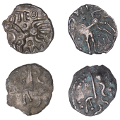 British Iron Age, DOBUNNI, Anted (c. AD 20-43), silver Units (2), Anted type, head right, pellet triads for hair,...