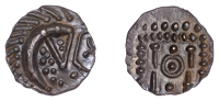 Early Anglo-Saxon Period, Sceatta, Continental series E, variety G2, porcupine-like figure with zoomorphic features...