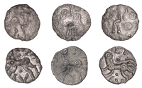 British Iron Age, DOBUNNI, Eisu (c. AD 20-43), silver Units (3), Oxo type, head right, pellet-in-ring for eye, cross...