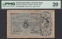 De Javasche Bank, 5 Gulden, 9 April 1923, serial number BN008339, security code stamp at issue, in PMG holder 20,...