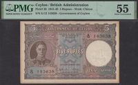 Government of Ceylon, 5 Rupees, 19 September 1942, serial number G/12 143638, in PMG holder 55, about...