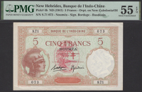 Banque de l’Indo-Chine, New Hebrides, 5 Francs, ND (1941), serial number S.71 073, overprint at centre, in PMG...
