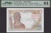 Banque de l’Indochine, French India, specimen 5 Roupies, ND (1945), serial number O.0000 000, Minost and Laurent...
