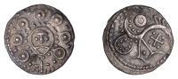 Early Anglo-Saxon Period, Sceatta, Secondary series H, type 49 var. 4b, facing head of Wodan on oval boss, border of...