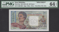 Banque de l’Indo-Chine, New Hebrides, specimen 20 Francs, ND (1941-45), serial number O.000 000, perforated...