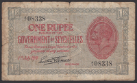 Government of Seychelles, 1 Rupee, 1 July 1919, serial number A/1 08338, signature of Eustace...