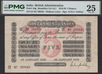 Government of India, 5 Rupees, 22 January 1920, serial number GC/92 768848, Gubbay signature, repaired, in PMG...
