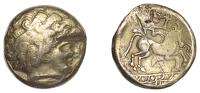 Continental Iron Age, GAUL, Uncertain tribe, possibly of Normandy, gold Hemistater, c. 3rd Century BC, laureate head...