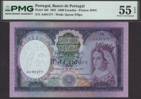 Banco de Portugal, 1000 Escudos, 30 May 1961, serial number AS01477, in PMG holder 55 EPQ, about uncirculated
Pick...