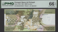 Banco de Portugal, 5000 Escudos, 31 October 1991, serial number 05G6135445, in PMG holder 66 EPQ, gem uncirculated,...
