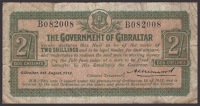 Government of Gibraltar, 2 Shillings, 6 August 1914, serial number B082008, a strong and original about very fine,...