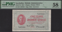 Government of Seychelles, 1 Rupee, 6 January 1951, serial number B/1 207024, Bates signature with GOVERNOR title, in...