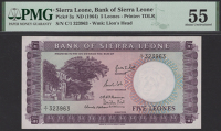 Bank of Sierra Leone, 5 Leones, ND (1964), serial number C/1 323963, in PMG holder 55, about uncirculated, an...