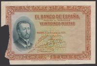 Banco de Espana, an obverse colour trial in brown and dark green for 25 Pesetas, 12 October 1926, no serial number,...