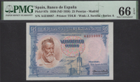 Banco de Espana, 25 Pesetas, 31 August 1936, serial number A4310887, in PMG holder 66 EPQ, gem uncirculated, nice...