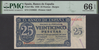 Banco de Espana, 25 Pesetas, 21 November 1936, serial number C419632, in PMG holder 66 EPQ, gem uncirculated, solid...