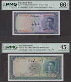 Bank Melli Iran, 10 Rials, ND (1948), serial number 26/585891, 200 Rials, ND (1951), serial number 99/87635, in PMG...