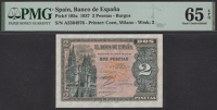 Banco de Espana, 2 Pesetas, Burgos, 12 October 1937, serial number A5504976, in PMG holder 65 EPQ, gem uncirculated,...