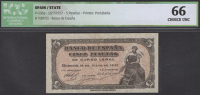 Banco de Espana, 5 Pesetas, Burgos, 18 July 1937, serial number B7189721, in ICG holder 66, choice uncirculated, a...
