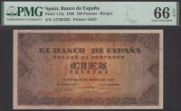 Banco de Espana, 100 Pesetas, Burgos, 20 May 1938, serial number A7192432, in PMG holder 66 EPQ, gem uncirculated,...