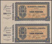 Banco de Espana, an uncut pair of the unissued 100 Pesetas, Gijon, September 1937, serial numbers 008 and 009 on...
