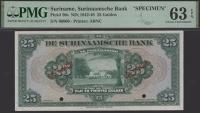 De Surinaamsche Bank, specimen 25 Gulden, ND (1942-48), serial number 00000, no signatures, red SPECIMEN overprints...