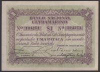 Banco Nacional Ultramarino, Timor, contemporary counterfeit 1 Pataca, 1 January 1910, serial number 104251, an...