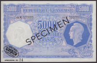 Republique Francaise, Tresor Central, specimen 5000 Francs, ND (1944), serial number 01K000000, specimen number 24,...