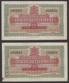 Government of the Straits Settlements, 10 Cents (2), 14 October 1919, consecutive serial numbers A/73 06693-94,...