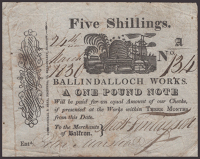 Scotland, BalFron (Lanarkshire), Ballindalloch Cotton Works, a 5 Shilling check, 24 March 1830, serial number A134,...