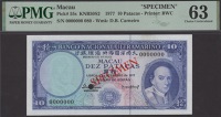 Banco Nacional Ultramarino, Macau, specimen 10 Patacas, 7 December 1977, serial number 0000000, Adegas and Cabral...