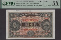 Banco Nacional Ultramarino, St Thomas & Prince, printers archival specimen 5 Escudos, 1 January 1921, serial number...