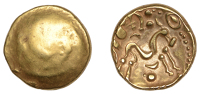 British Iron Age, Gallo-Belgic, Stater, series E [Ambiani], Gallic War uniface type, blank, rev. stylised horse...