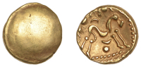 British Iron Age, Gallo-Belgic, Stater, series E [Ambiani], Gallic War uniface type, blank, rev. stylised horse...