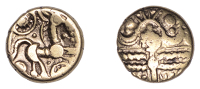 British Iron Age, BELGAE, Uninscribed issue, Quarter-Stater, Qc derivative [Petersfield Wreath type], wreath design...