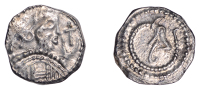 Early Anglo-Saxon Period, Sceatta, Secondary series K, type 32a, draped bust left, cross pommée held up by cupped...