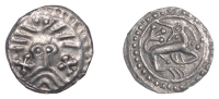 Early Anglo-Saxon Period, Sceatta, Secondary series X, Danish type B1, facing ‘Wodan’ head, wearing radiate hair...
