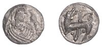 Early Anglo-Saxon Period, Sceatta, Secondary series K, type 42, draped bust right, hair knotted behind, a bird of...