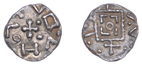 Early Anglo-Saxon Period, Sceatta, Continental series D, type 8, debased standard, rev. cross and pellets, pseudo...