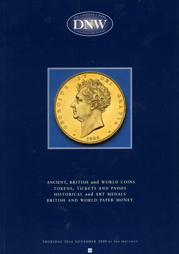 Ancient, British and World Coins. Tokens, Tickets and Passes. Historical and Art Medals. British and World Paper Money. (30 November 2000) Catalogue Cover